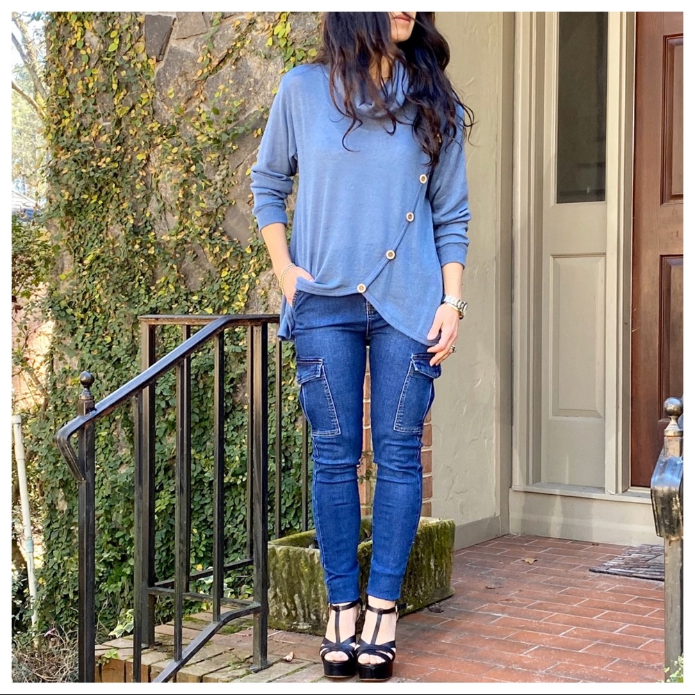 chic side button trim cowl neck knit tunic - Picture 7 of 13